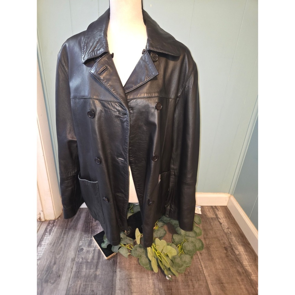 Casual Cornerβ Vintage Black Leather Double Breasted Pea Car Coat Womens Sz 10/M